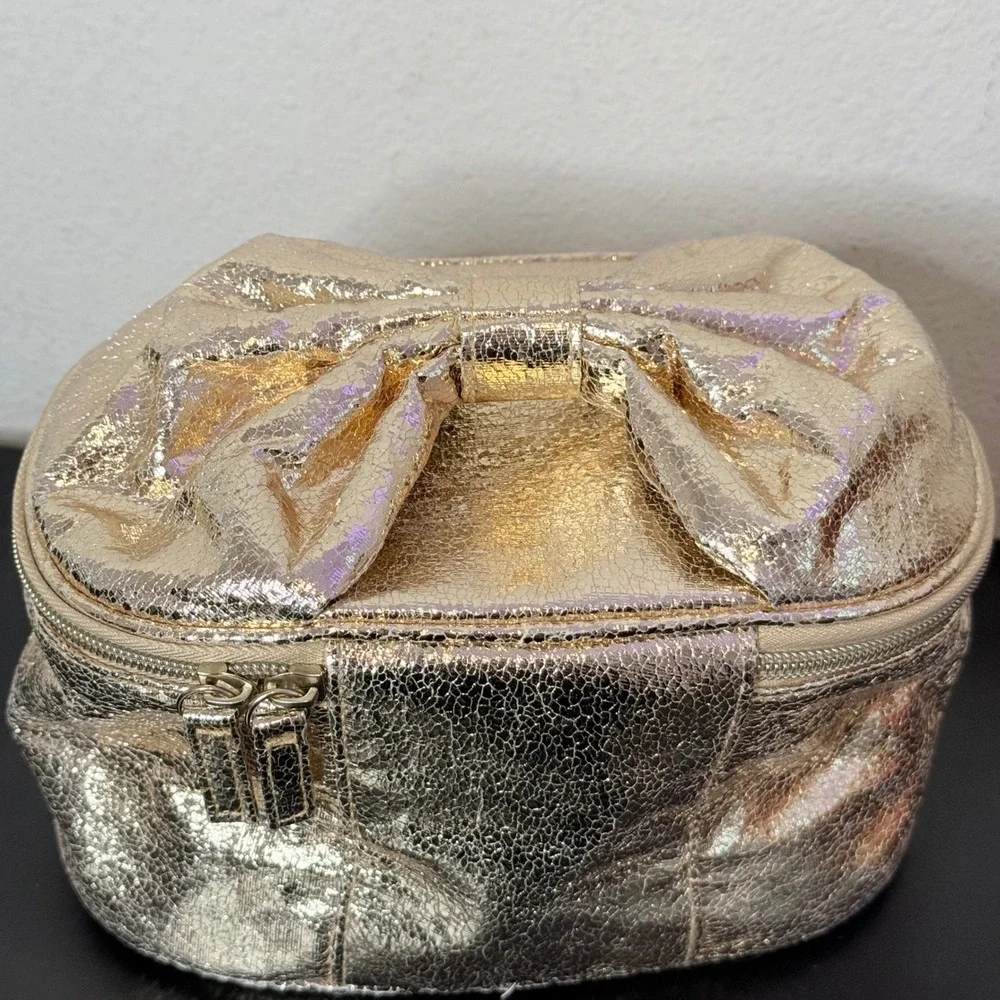 Victoria's Secret Cosmetic Bag Gold Metallic Crackle Bow Vanity Case Makeup Bag